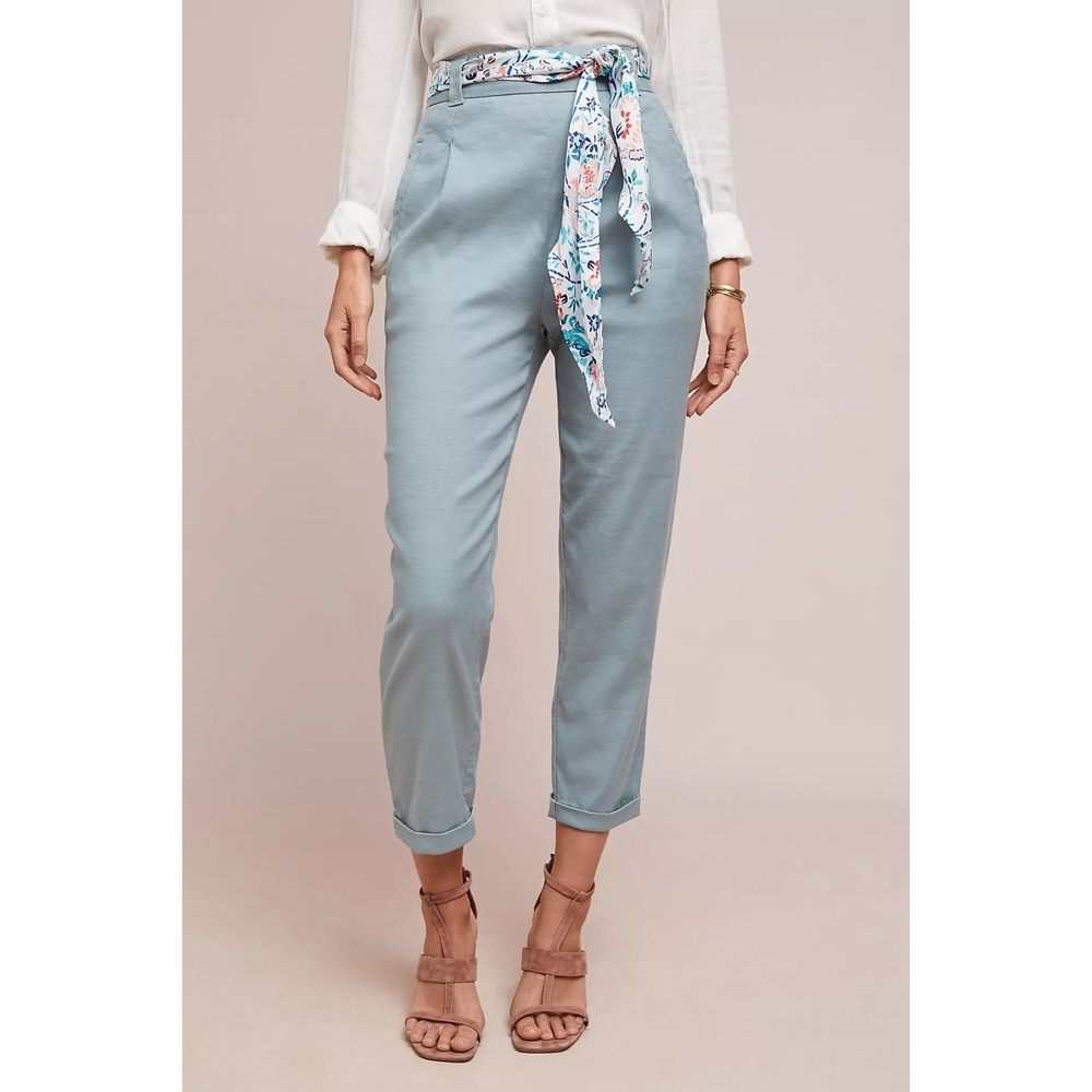 Ett:twa by Anthropologie Nias Blue Cotton Linen Blend Teal Ankle Pants Size‎ 4